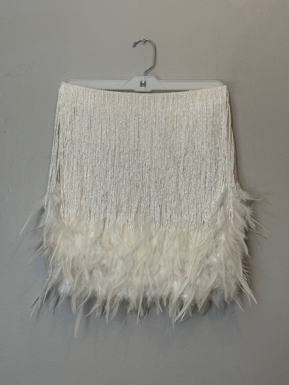 Nadine Merabi Sara White Feather & Beaded Fringe Mini Skirt